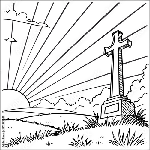 A cross on a grave with the sun rising behind it