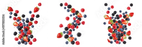 Obraz  z motywem Forest Berry Medley of Strawberries, Blueberries, Raspberries flying in air, Dynamic mix of mixed berries dynamically levitating - Baies Volantes - Bayas Voladoras - Fliegende Beeren