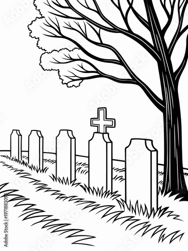 A graveyard with a tree and several tombstones