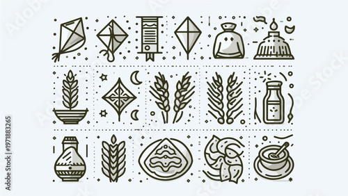 Cultural Symbolism: A collection of meticulously crafted line art illustrations embodies the essence of a traditional event, evoking a sense of heritage, festivity, and cultural identity.