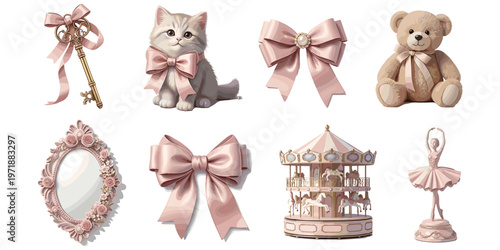Decorative pastel illustration set, pink bows, teddy bear, kitten, carousel, ballerina figurine, ornate key, floral mirror artwork