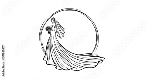Decorative bride in wedding dress line art vector with flowing train in elegant circular composition design