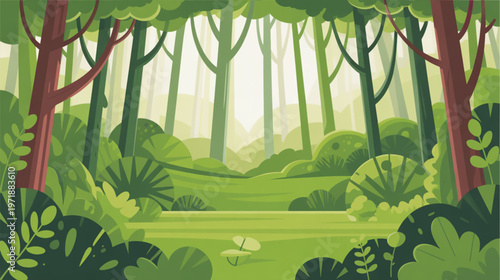 Forest, cartoon woods, green landscape, vector illustration, nature scenery