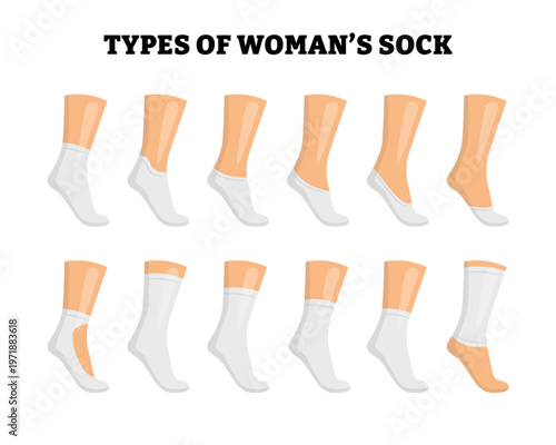 Different types of woman sock types set collection. Socks for footwear. Isolated on white background. Casual clothing apparel textile compression. Sport wool design. Flat vector illustration mockups.