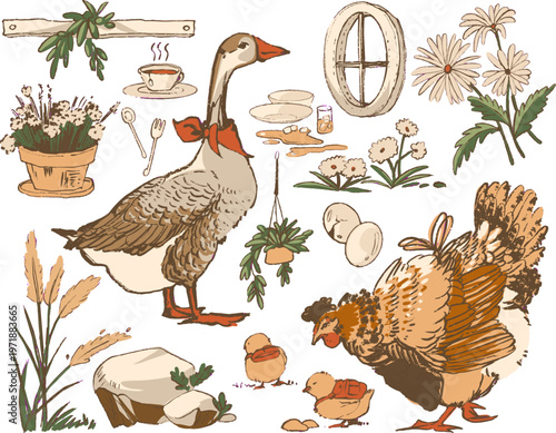 whimsical, vintage-inspired illustration blending rustic domestic life with charming farm animals, capturing a serene and storybook-like "Cottagecore" aesthetic.