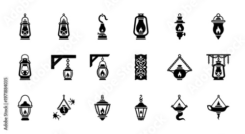 A creative set of 18 unique black icons representing hanging oil lamps and suspended vintage lantern styles.