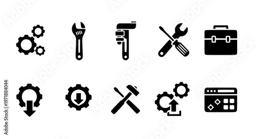 Stylized settings tools solid glyph vector icon set EPS10 isolated on white