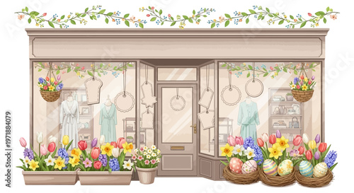 Charming illustration of a boutique shop facade adorned with vibrant tulips, daffodils, and Easter eggs, featuring a light color palette and floral garland accents, creating a cheerful