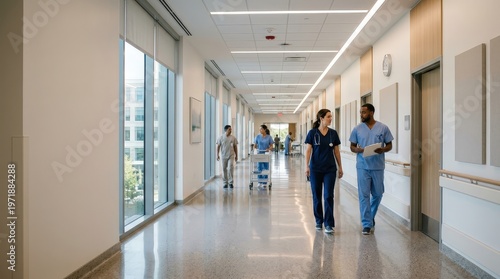 Diverse medical team walking through a modern hospital hallway during a professional shift in a clinic