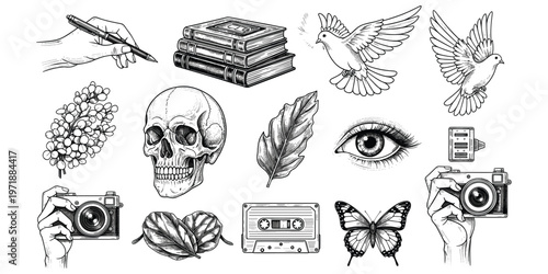 Engraved illustration collection with hand, books, doves, skull, eye, butterfly, vintage camera, cassette tape, nature motifs, flat vector illustration