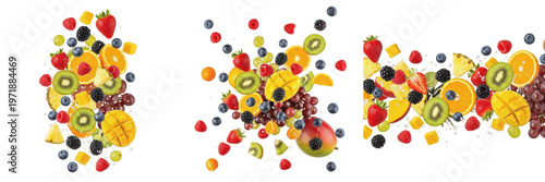 Mixed Fruit Explosion Full Frame Flying, Cinematic Food Burst and Splash - Explosion de Fruits Plein Cadre - Explosión de Frutas - Fruchtexplosion Vollbild - Energetic Food Art