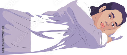 Illustration of young woman wrapped in purple fabric lying down with head resting on hand against background.