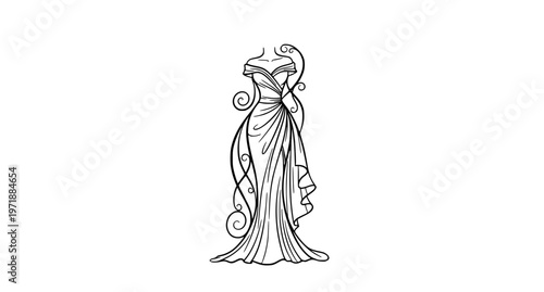 Decorative bridal gown line art vector with flowing train and elegant fashion dress in ornamental composition