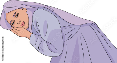 Close up portrait of a serene woman wearing a purple headscarf and dress.