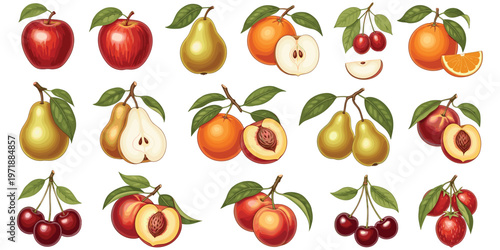 Fruit grid illustration, colorful fruit artwork, apples pears oranges peaches cherries strawberries design, realistic food vector, fresh produce composition illustration