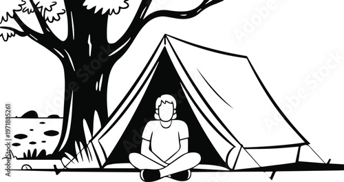 Tent entrance with shoreline and pond reflection