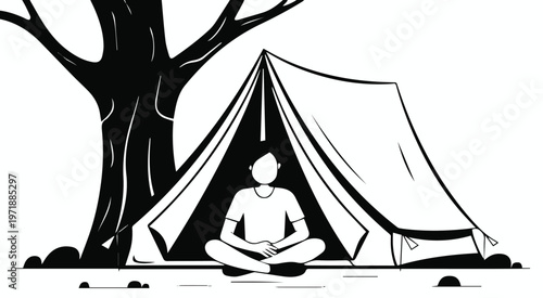 Backpacker sitting at tent entrance under tree