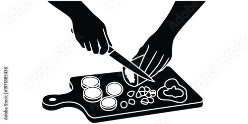 Hands cutting vegetables on board, knife food preparation, black and white flat vector illustration, cooking process artwork, kitchen design, culinary theme