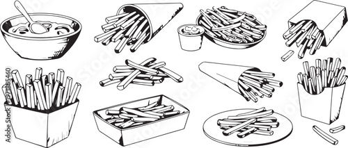 Assorted fries servings cones boxes bowls sketch