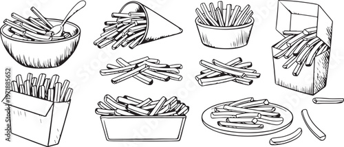 Fries in paper cones boxes and bowls sketch