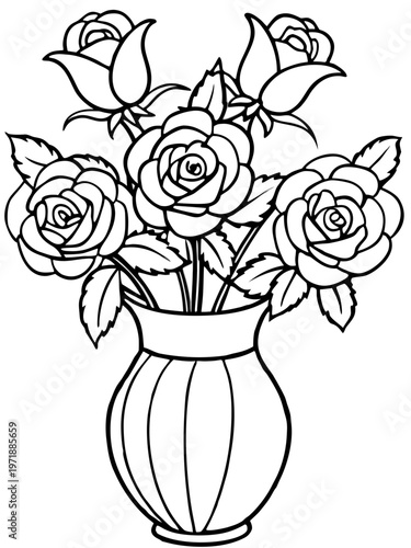 black and white line drawing of roses in a vase