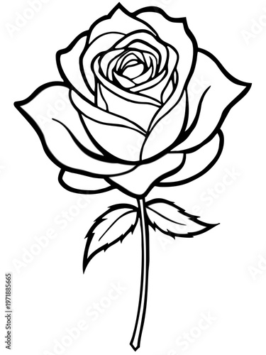 Elegant black and white line drawing of a single rose with stem and leaves