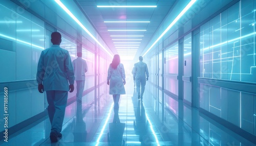 Three healthcare professionals walk down a brightly lit, futuristic hospital corridor, symbolizing progress and innovation in medical science.