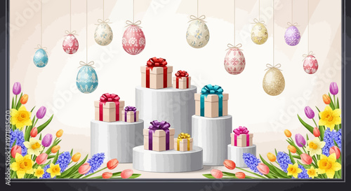 A festive arrangement presents colorful gift boxes on white pedestals, complemented by pastel Easter eggs hanging above and spring flowers at the base, set against a soft background