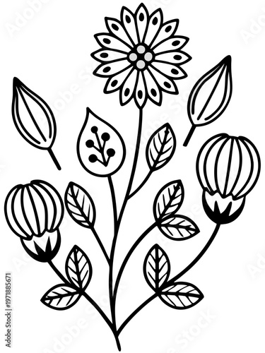 black and white line drawing of a flower with leaves