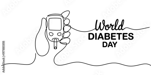 A single continuous line drawing of a hand holding a glucose meter for world diabetes day event. Vector, illustration