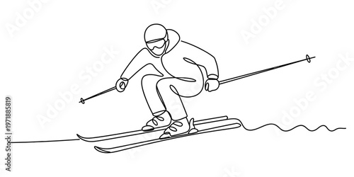 A single continuous line drawing of a person skiing down a snowy slope during a winter holiday Vector, illustration