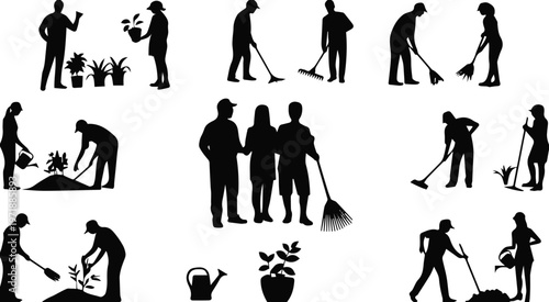 People raking leaves and clearing yard debris