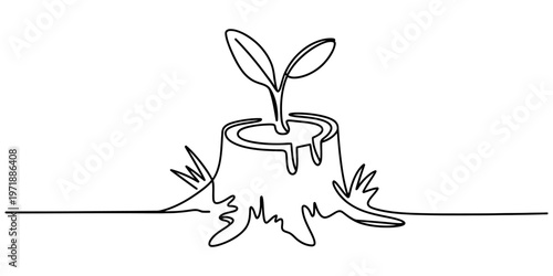 A single continuous line drawing of a small green sprout growing from a weathered tree stump. Vector, illustration