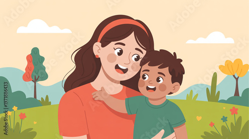 Cute mother, happy child, outdoor scene, vector illustration, family love, parenthood