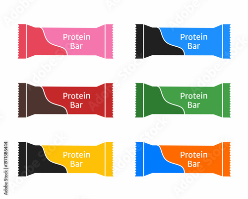 Modern protein bar packaging template set with colorful variations. Clean, minimal wrapper design ideal for branding, food products, snack mockups, and commercial use.