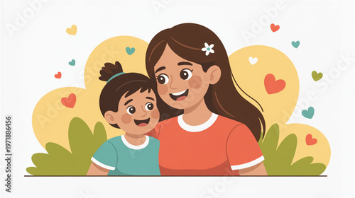 Cute mother and daughter, happy family, cartoon illustration, colorful hearts, vector graphic