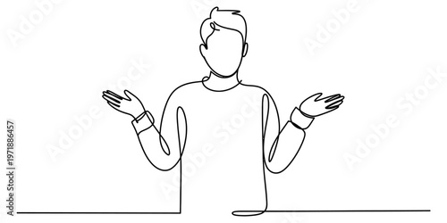Continuous line drawing of a man shrugging his shoulders to express doubt or lack of information Vector, illustration