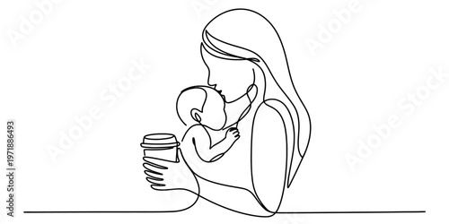 A single continuous line drawing of a mother holding her baby while drinking a cup of hot coffee Vector, illustration