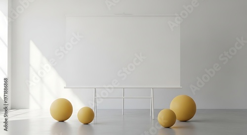 Minimalist Interior Design with Spherical Objects and Blank Canvas.