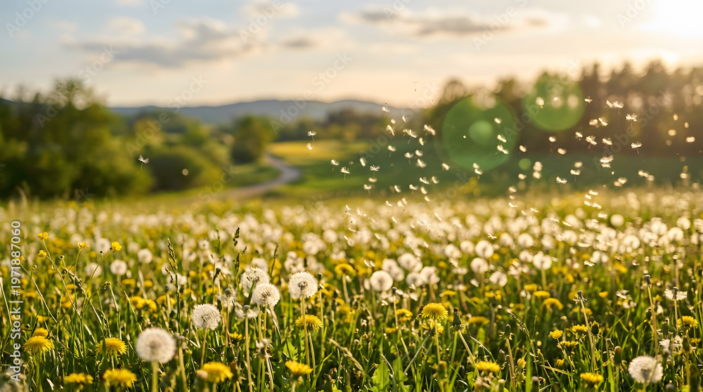 Fototapeta premium Golden Hour Sunlight Illuminates Dandelion Field with Seeds Drifting on a Gentle Breeze in a Verdant Rural Landscape