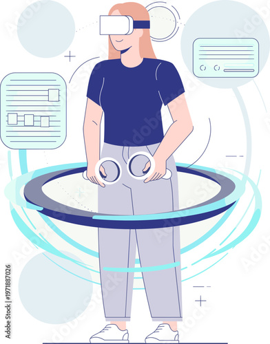Immersive virtual reality experience concept with a woman exploring a futuristic digital world using advanced VR headset and controllers, showcasing interactive technology
