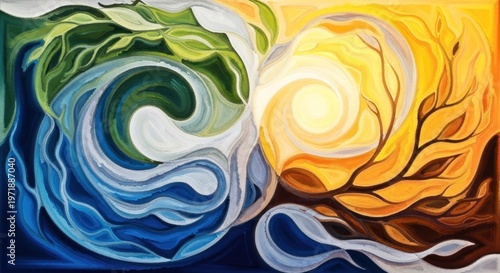Two abstract, swirling shapes in blue and green, with a bright yellow sun in the background, set against a vibrant orange and yellow sky. 