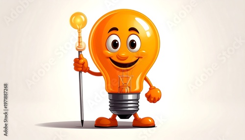 A cheerful cartoon light bulb character holding a pointer