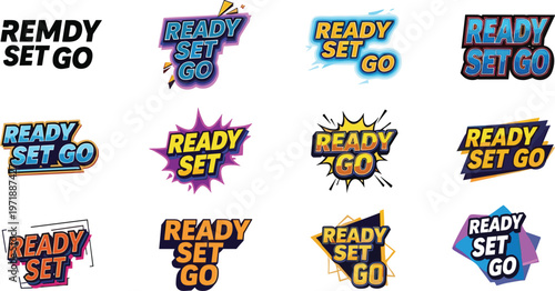 An assortment of vibrant colorful ready set go graphic stickers are displayed against a clean bright white background high quality professional detailed modern