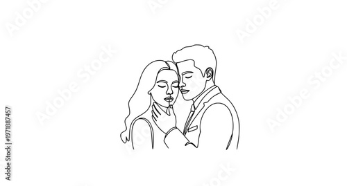 Romantic couple continuous line art vector illustration of love embrace in minimal elegant outline style
