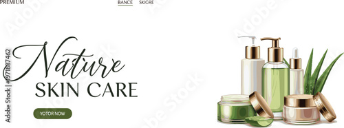 An elegant advertisement showcases a variety of luxurious skincare products accompanied by lush green foliage and the word nature high quality professional detailed