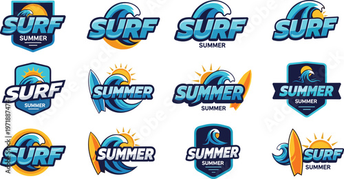 A compilation of colorful surf themed logos and emblems featuring waves suns surfboards and the words surf and summer high quality professional detailed