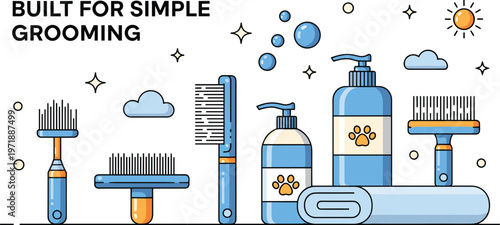 An illustrative arrangement showcases pet grooming tools including brushes combs shampoo and a towel against a light background high quality professional detailed modern