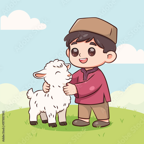 Cute Muslim Boy Hugging Goat Cartoon Illustration Eid al Adha Theme