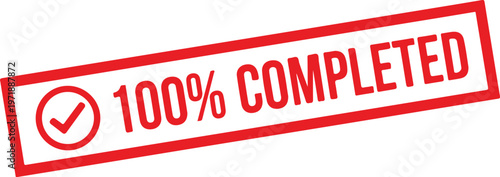 Red stamp with check mark and 100 percent completed text tick